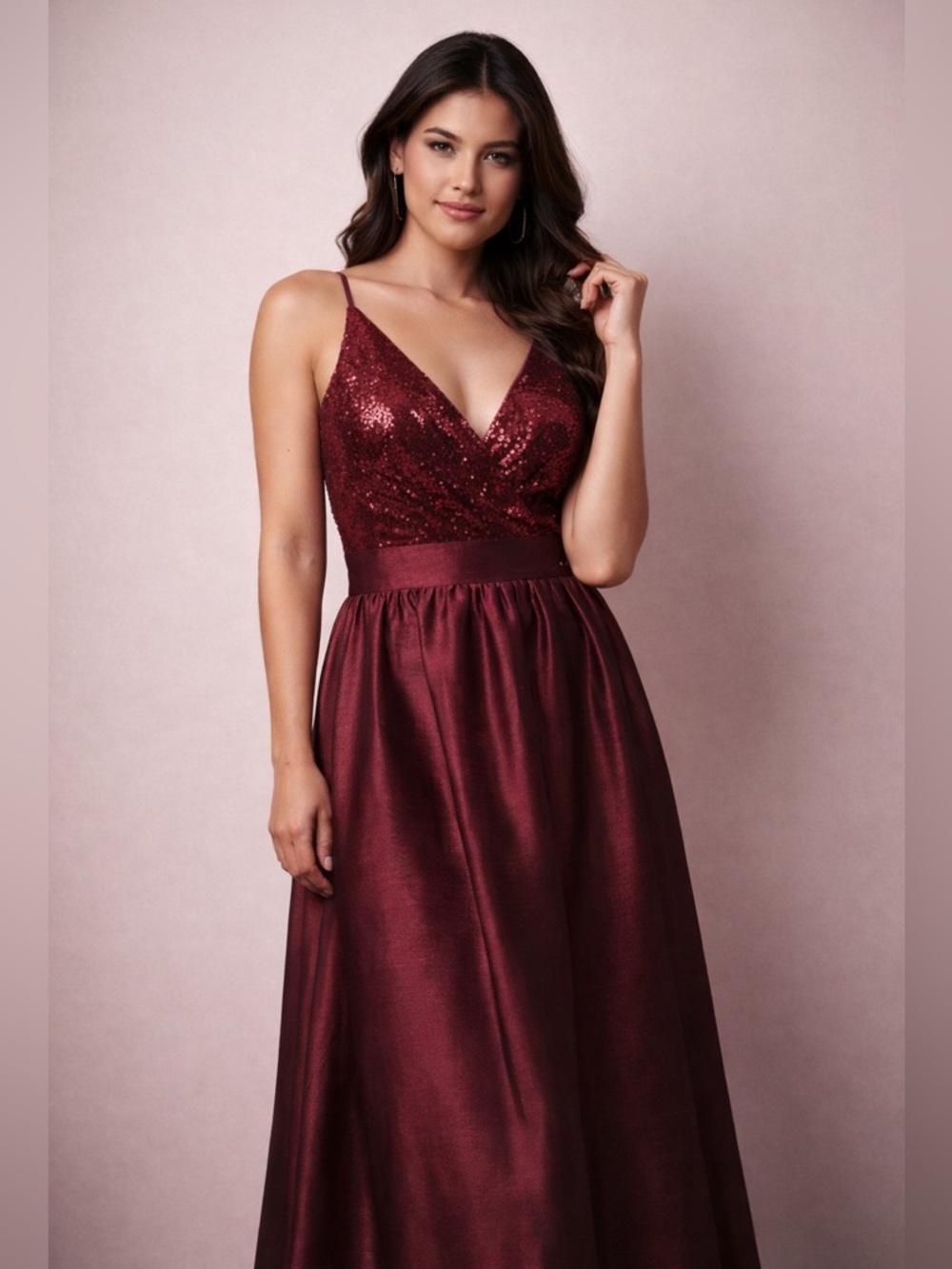 Jasmine Prom or Bridesmaids Burgundy Spaghetti Strap V-Neck Maxi Dress